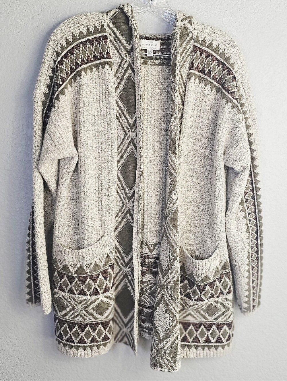 Lucky Brand XL Southwestern Hooded Long Cardigan Sweater Boho Aztec